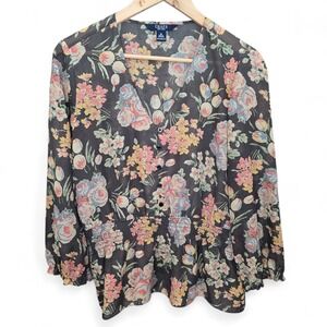 Chaps Top Womens Medium Gray Floral Print Sheer V Neck Blouse Smocked Waist